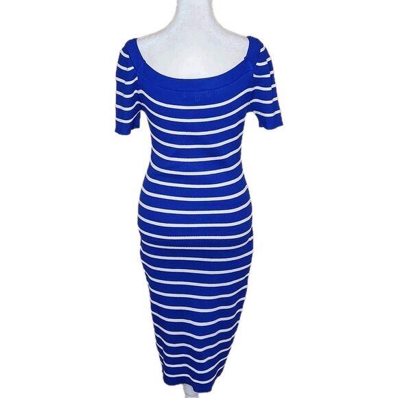 Almost Famous Ribbed Midi Dress Women's Large Cobalt Blue White Stripe Bodycon - Picture 4 of 11